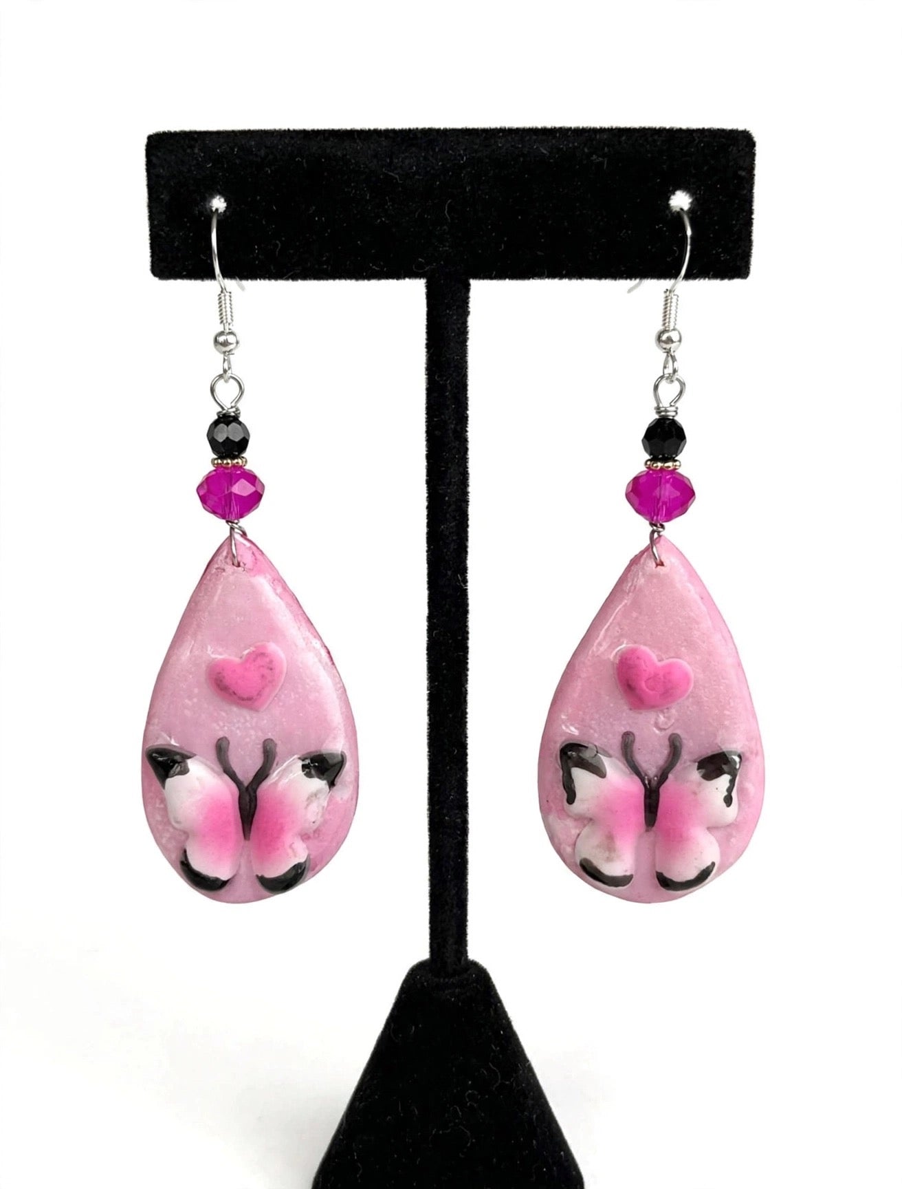 Pink Butterfly & Heart Teardrop Earrings - Romantic Clay & Resin Jewelry