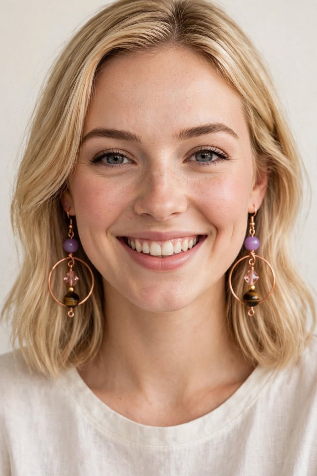 Boho Chic Earthy Hoop Beaded Earrings - Fancy Copper Dangle Jewelry