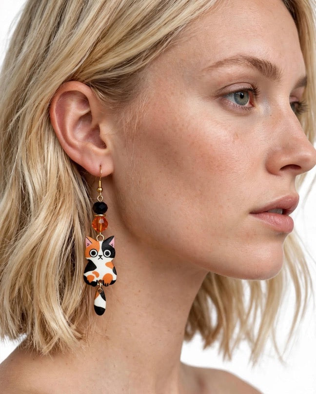 Swinging Cutie Kitty - Mischievous Calico Cat Enamel Earrings - Dangle Jewelry