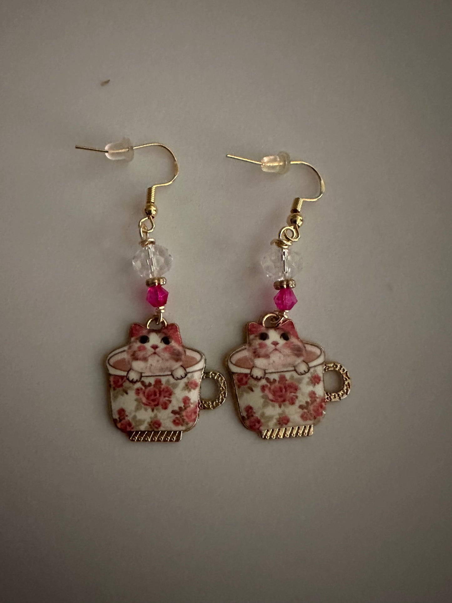 Cute Teacup Kitty Enamel Earrings - Adorable Floral Dangle Jewelry