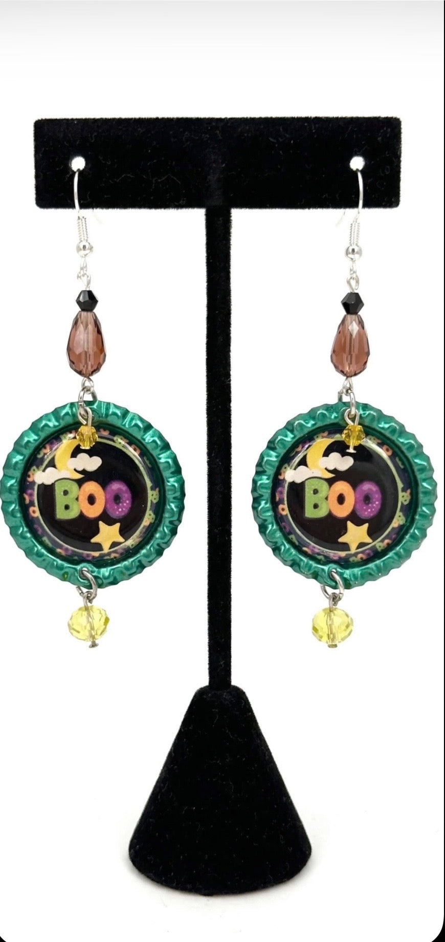 Halloween Boo Bottlecap Earrings - Spooky Cute Dangle Jewelry