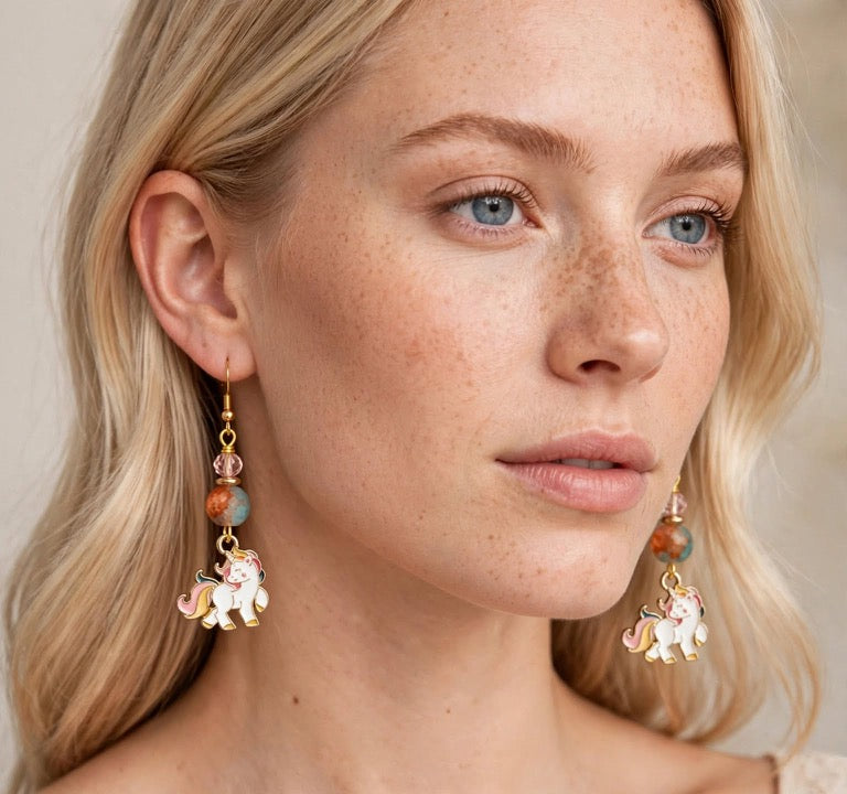 Golden Unicorn Enamel Earrings - Playful Dangle Jewelry