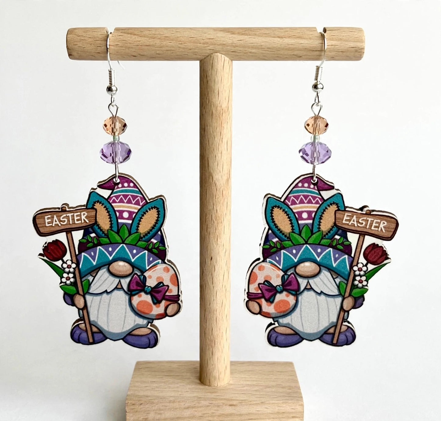 Easter Sign Gnome Wood Earrings - Colorful Dangle Jewelry