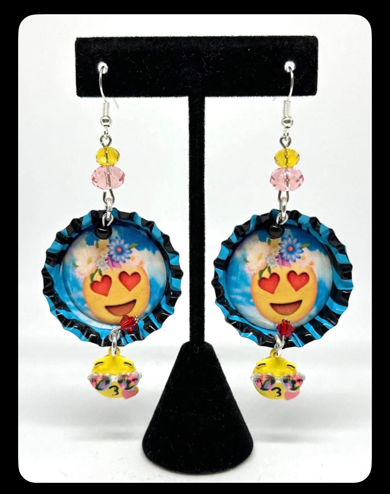 Flowery Heart Emoji Bottlecap Earrings - Silly Cute Dangle Jewelry