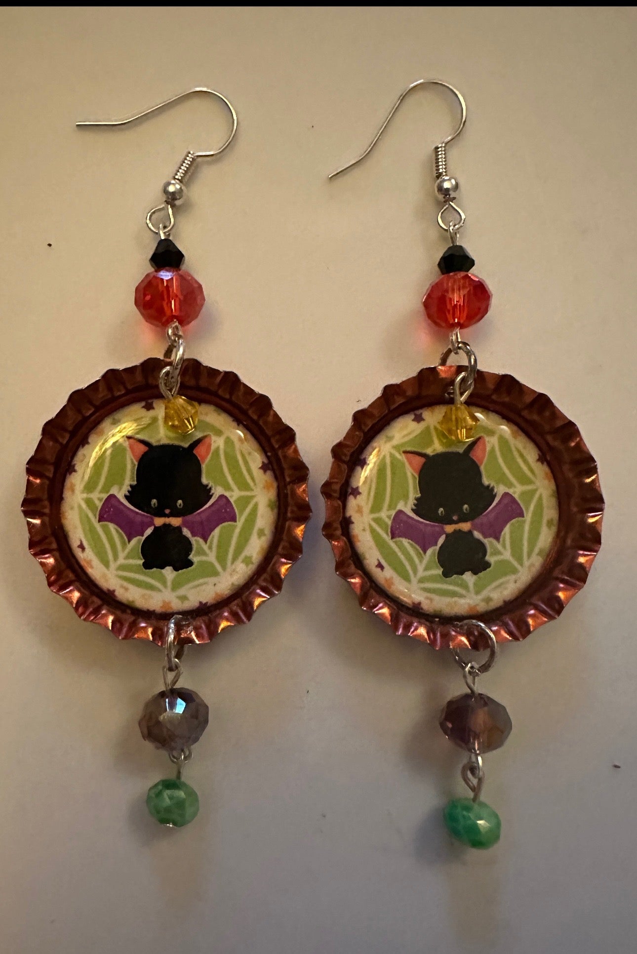Halloween Bat Cat Bottlecap Earrings - Spooky Cute Dangle Jewelry