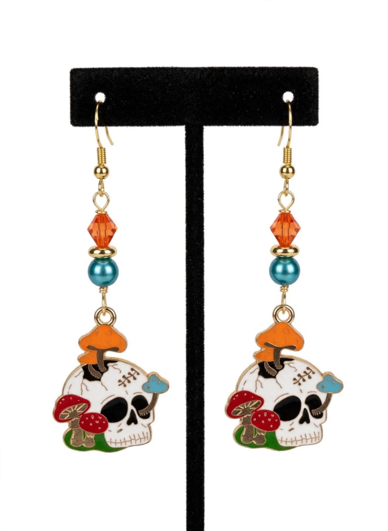 Mushroom Skull Enamel Earrings - Whimsical Dark Dangle Jewelry