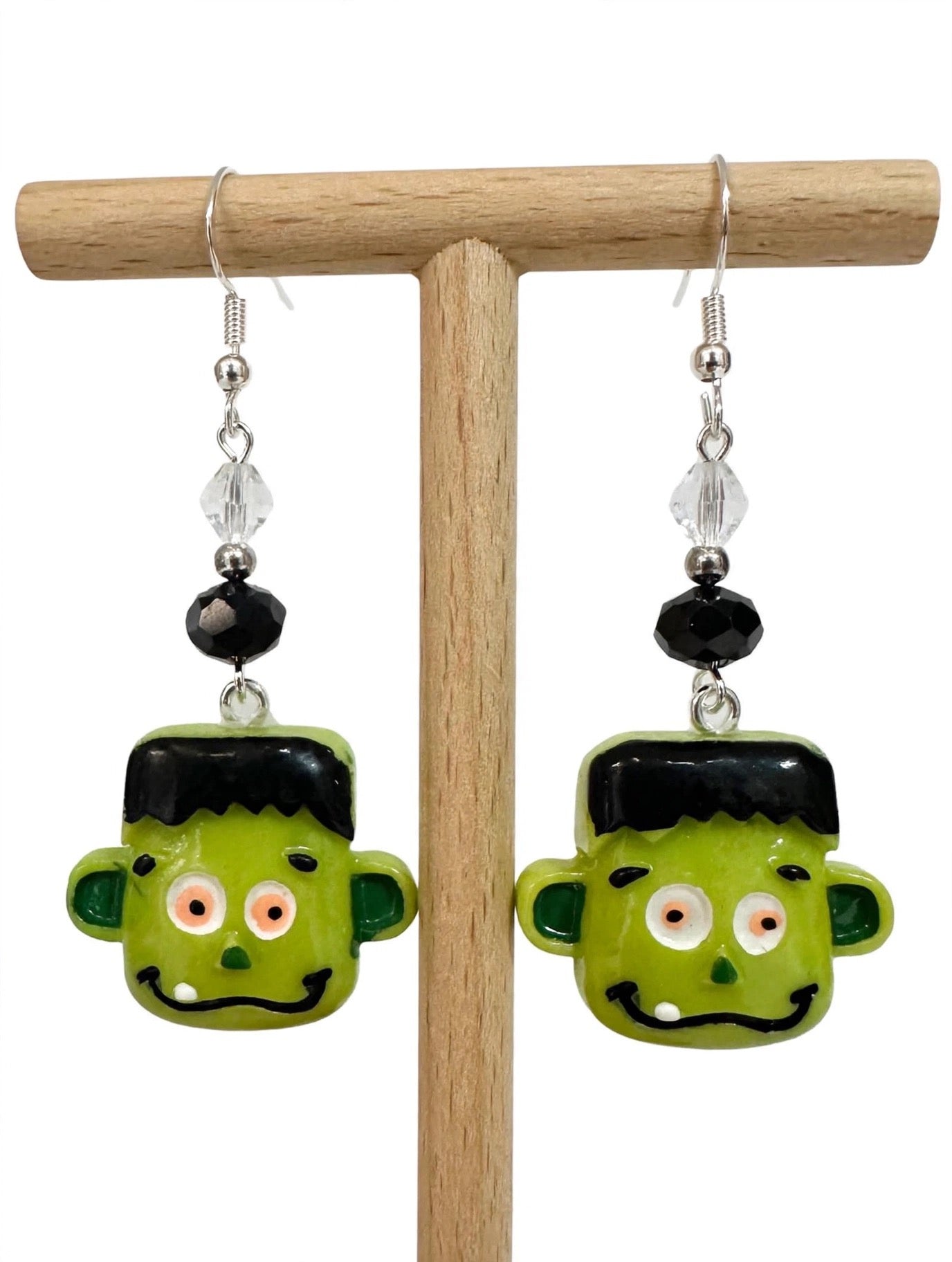 Handmade Frankenstein Head Clay & Resin Earrings - Cute Halloween Dangle Jewelry