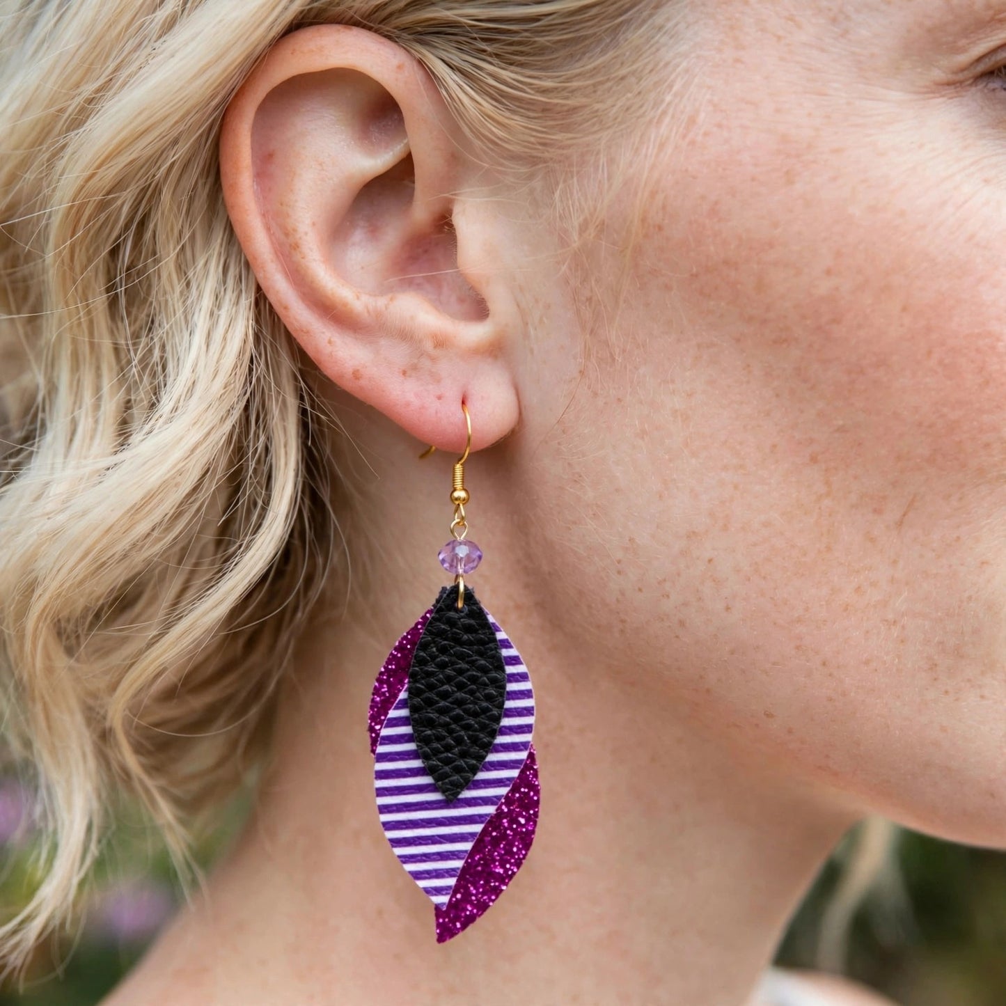 Purple Striped Faux Leather Earrings - Elegant Dangle Jewelry