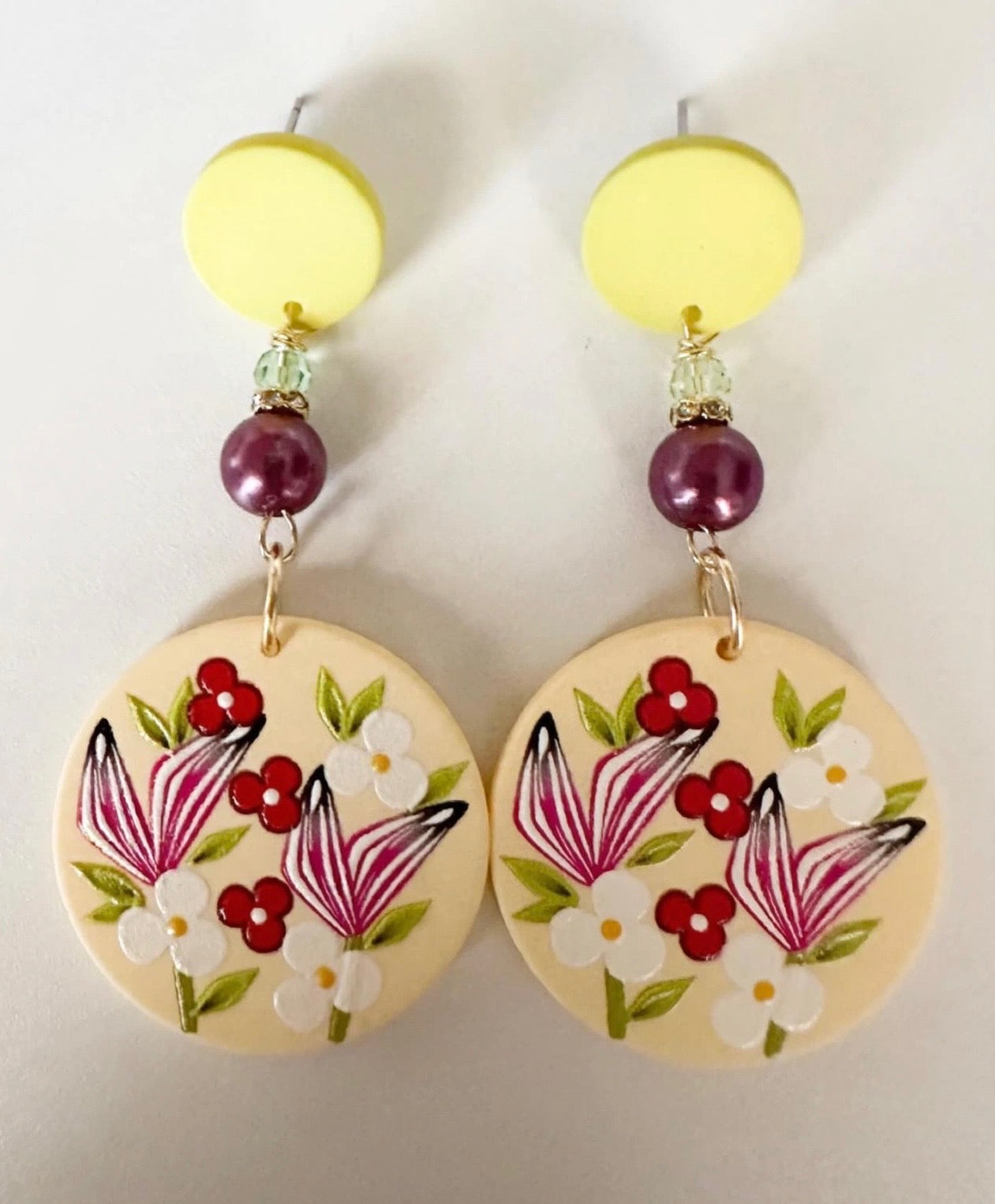 Rounded Floral Design Clay & Resin Earrings - Artisanal Dangle Jewelry