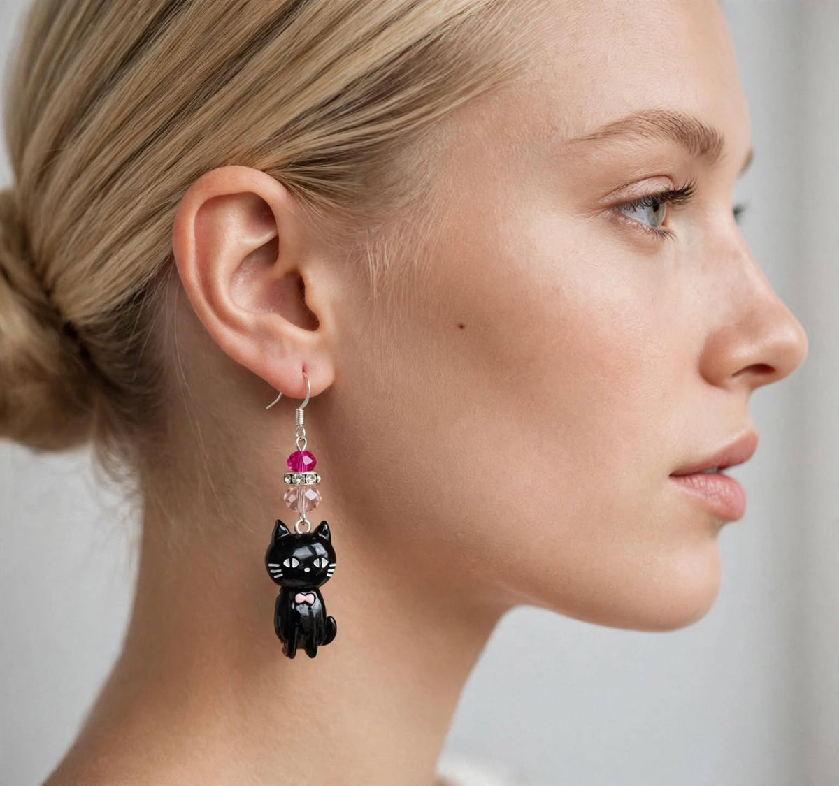 Dangle Clay Pink Bow Resin Halloween Black Cat Earrings