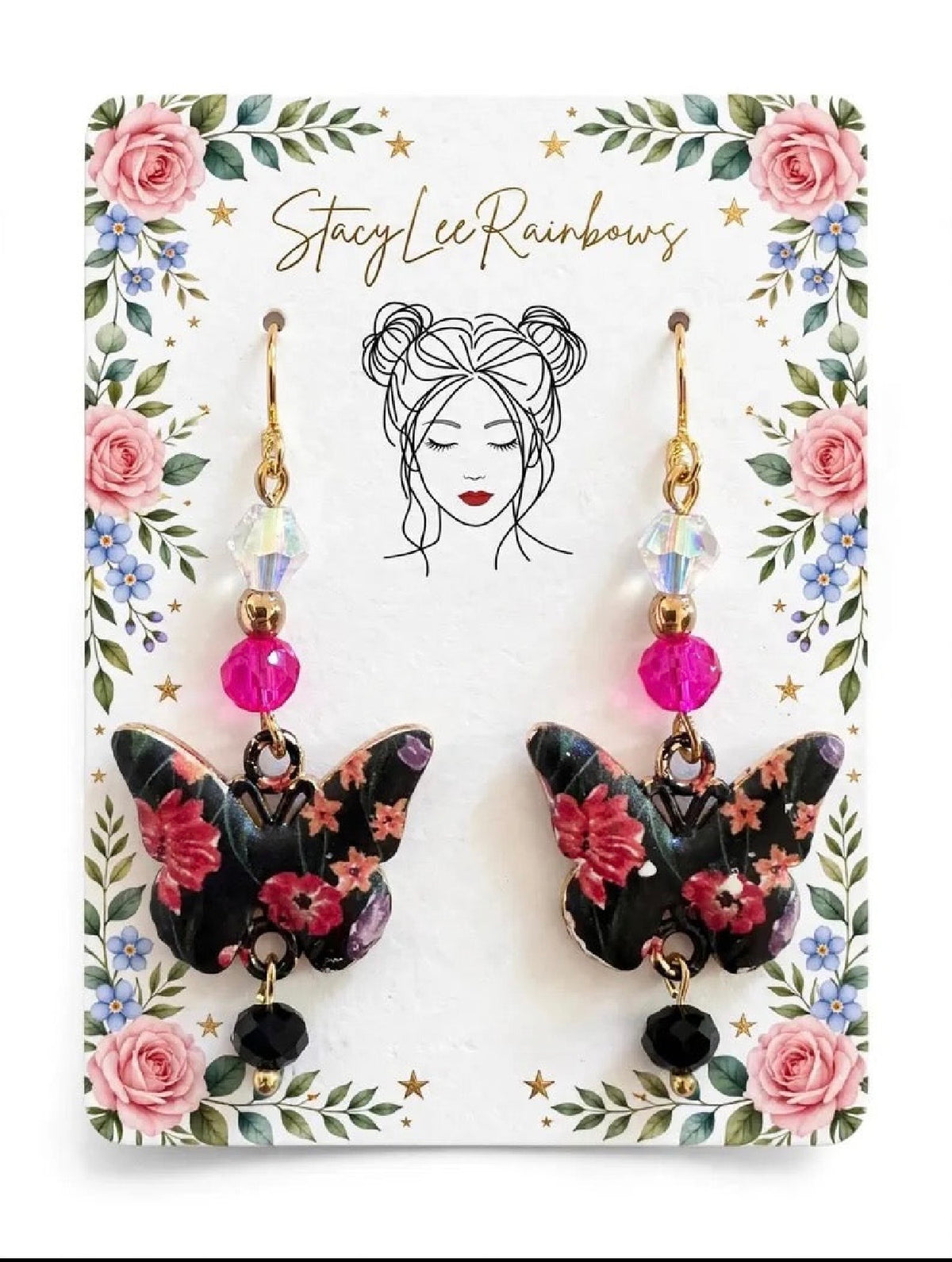 Blooming Butterfly Enamel Earrings - Floral Dangle Jewelry
