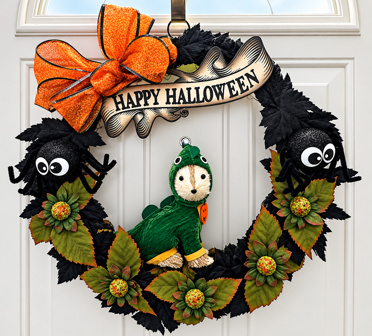Happy Halloween Dog Wreath, Dinosaur Dog Halloween Wreath with Spiders, Orange Bow Fall Door Decor