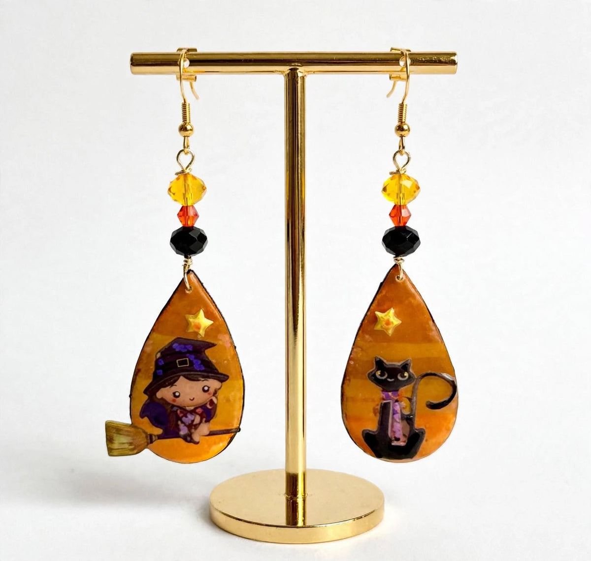 Dangle Clay Resin Teardrop Halloween Witch and Cat Earrings