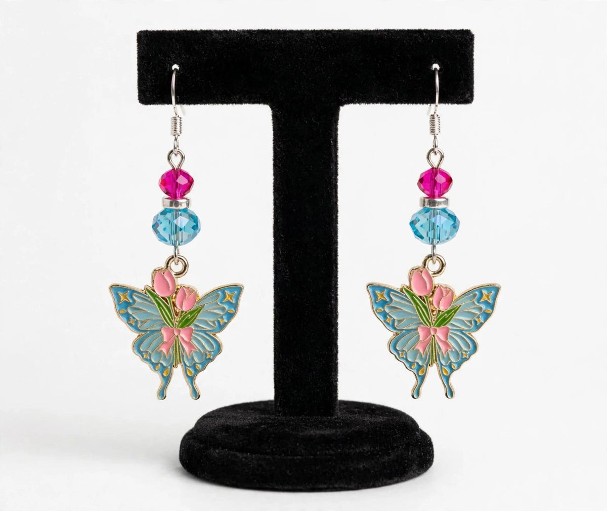 Pink Flowers Butterfly Enamel Earrings - Whimsical Dangle Jewelry