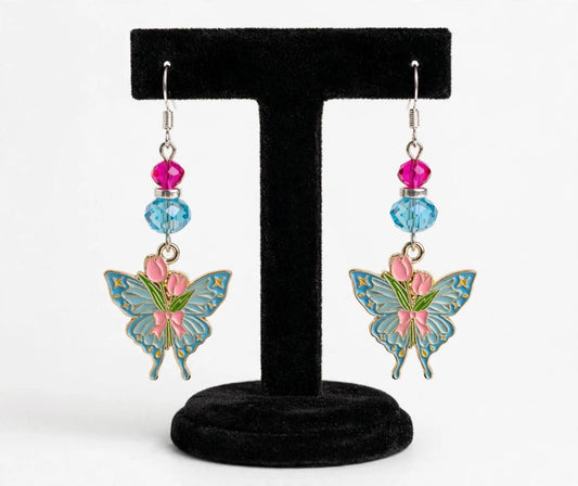 Pink Flowers Butterfly Enamel Earrings - Whimsical Dangle Jewelry