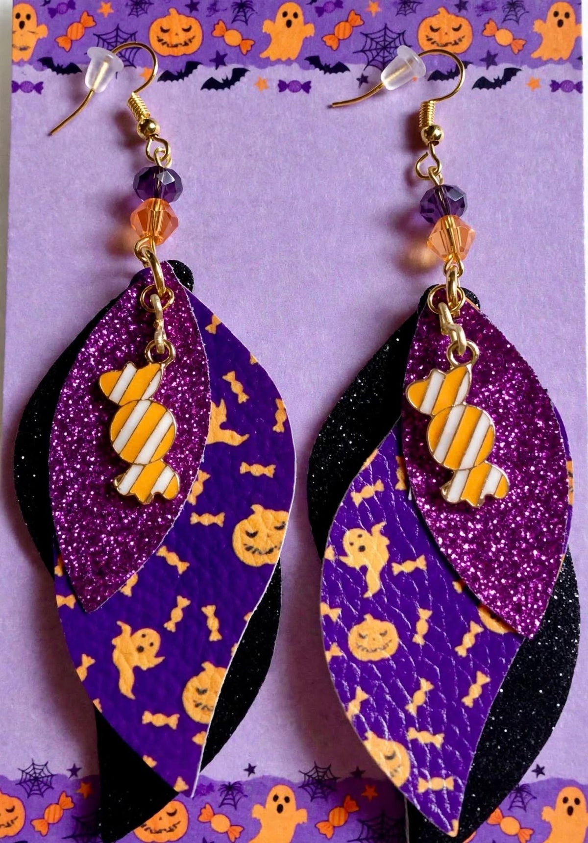 Halloween Candy Faux Leather Enamel Charm Earrings - Spooky Cute Dangle Jewelry