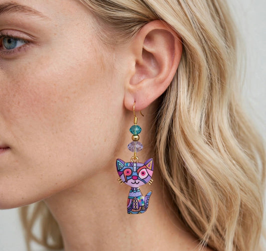 Purple Colorful Cat Enamel Charm Earrings - Abstract Dangle Jewelry