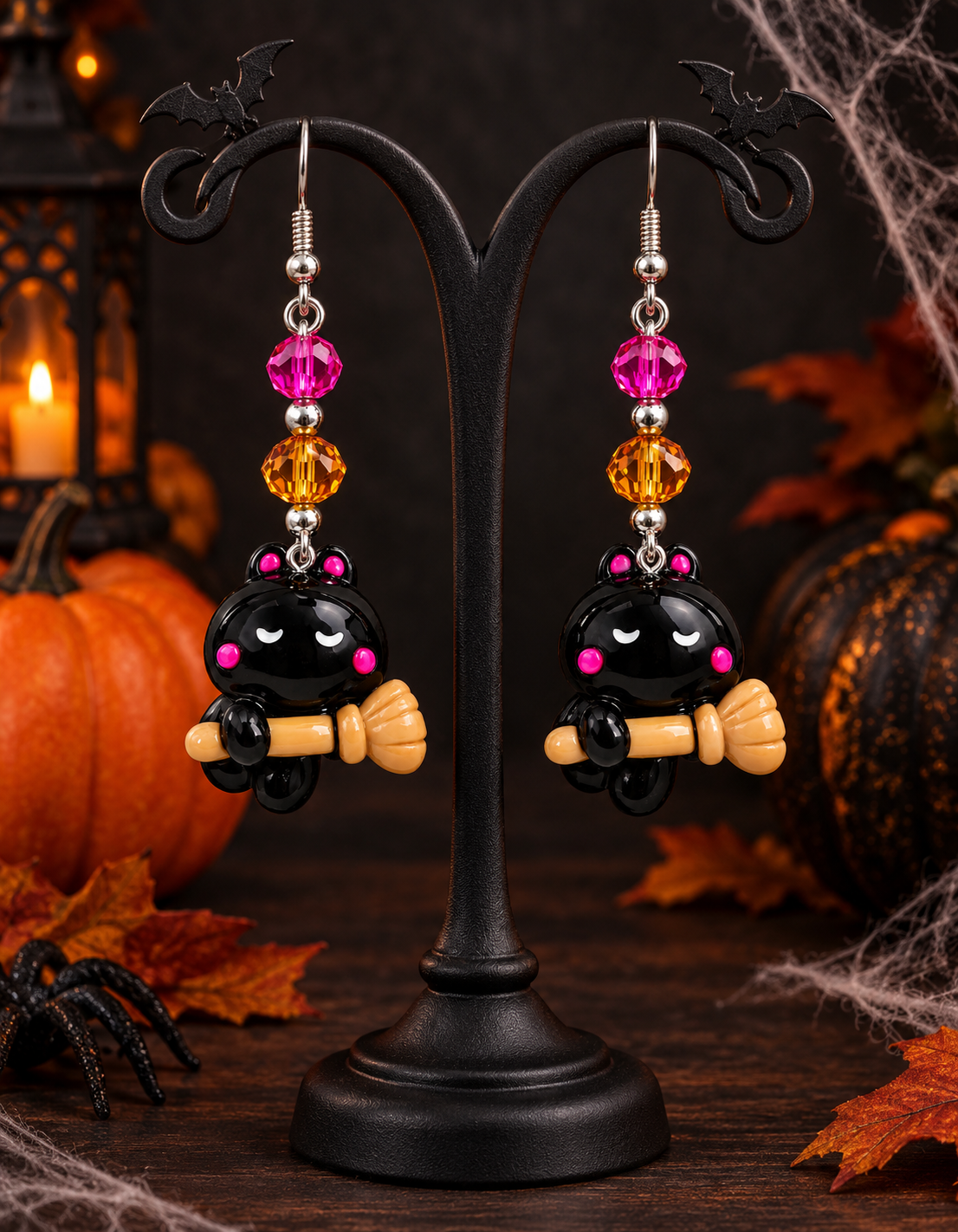Black Cat Broom Clay Resin Earrings - Special Dangle Jewelry
