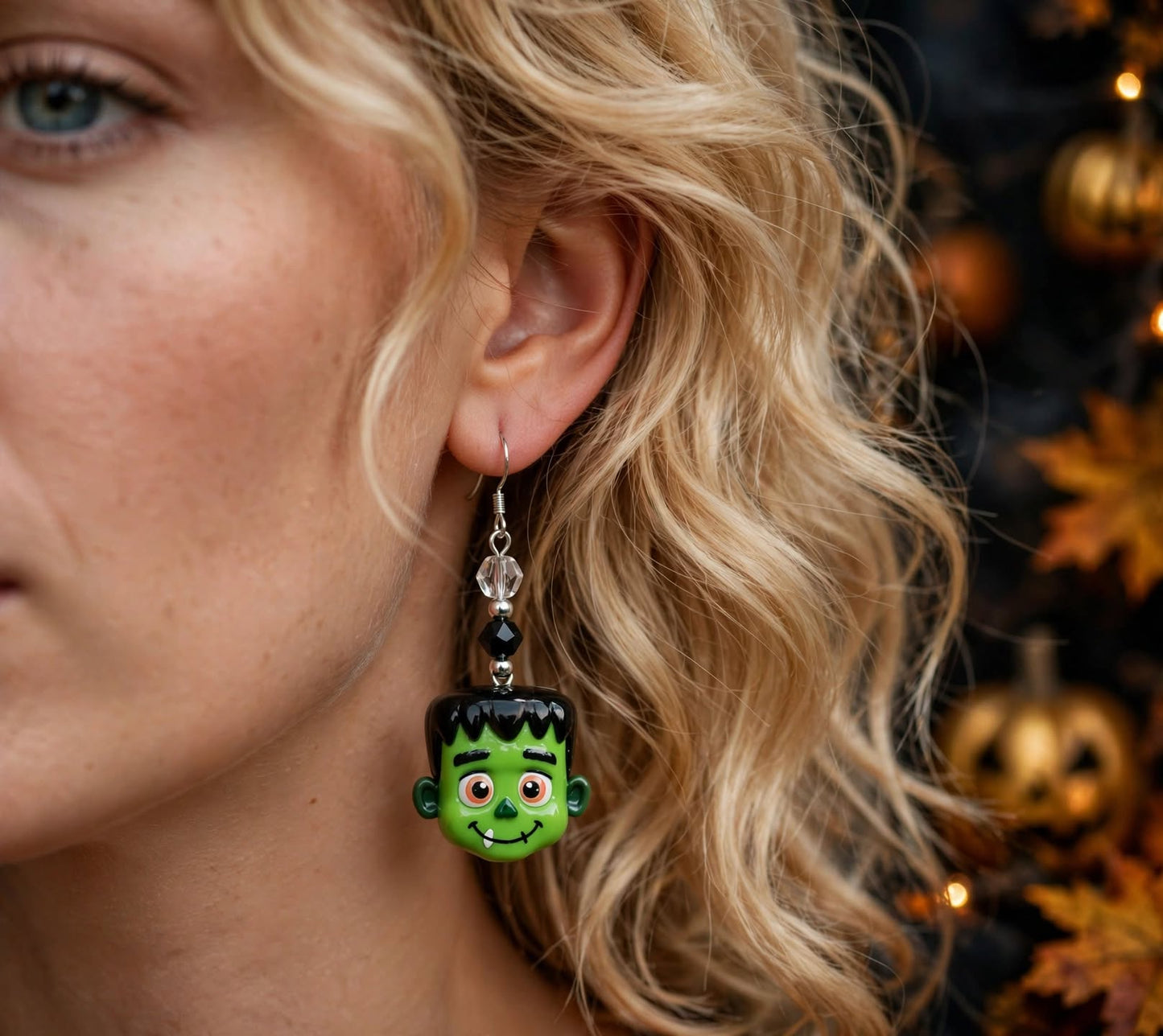 Handmade Frankenstein Head Clay & Resin Earrings - Cute Halloween Dangle Jewelry