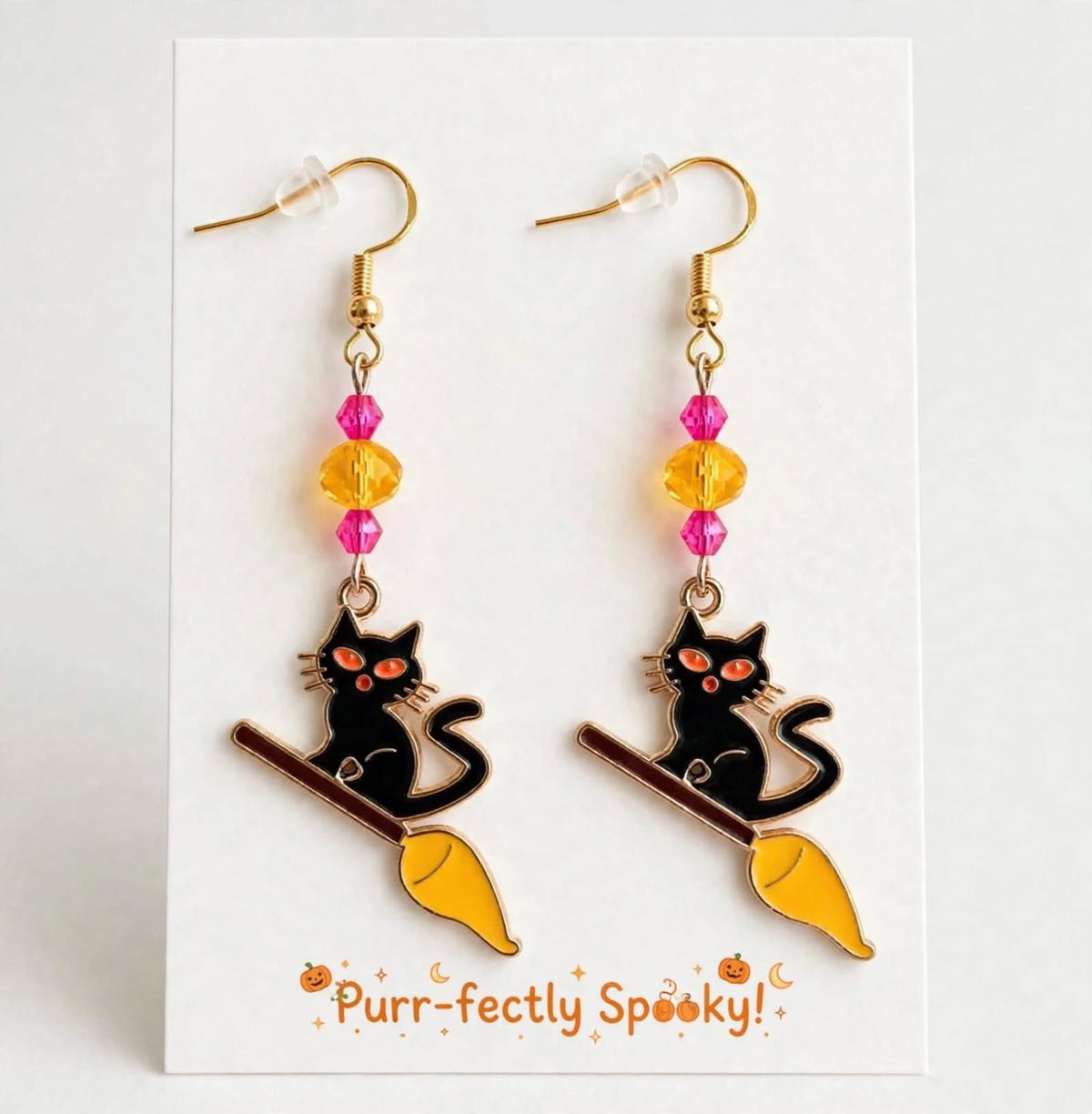 Black Cat on Broom Enamel Earrings - Halloween Dangle Jewelry