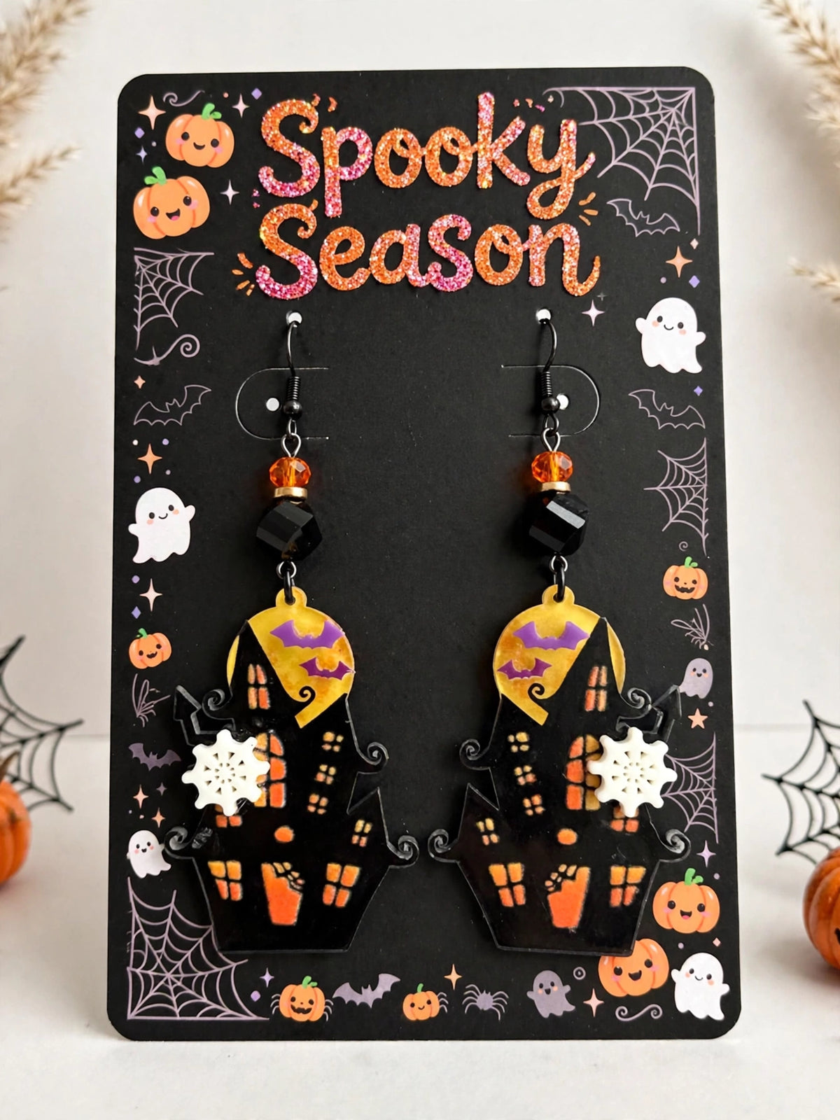 Haunted House Full Moon Acrylic Earrings - Halloween Dangle Jewelry