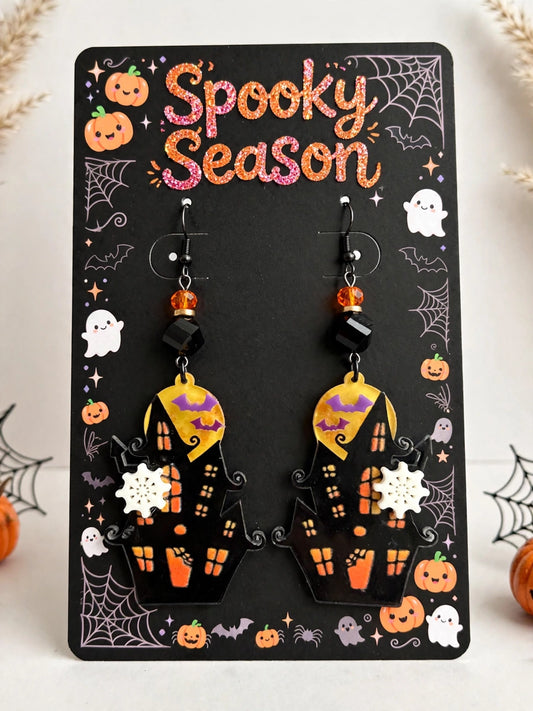 Haunted House Full Moon Acrylic Earrings - Halloween Dangle Jewelry
