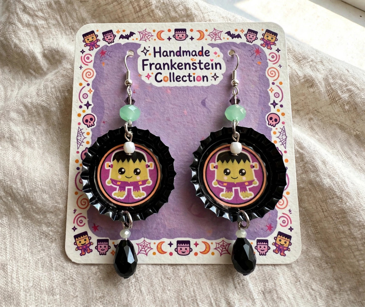 Halloween Frankensteins Monster Bottlecap Earrings - Spooky Cute Dangle Jewelry
