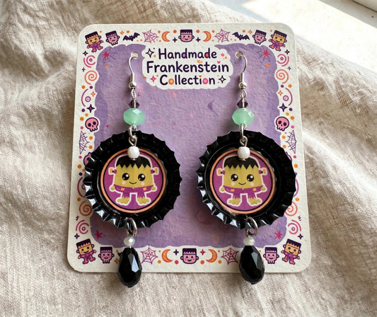 Halloween Frankensteins Monster Bottlecap Earrings - Spooky Cute Dangle Jewelry