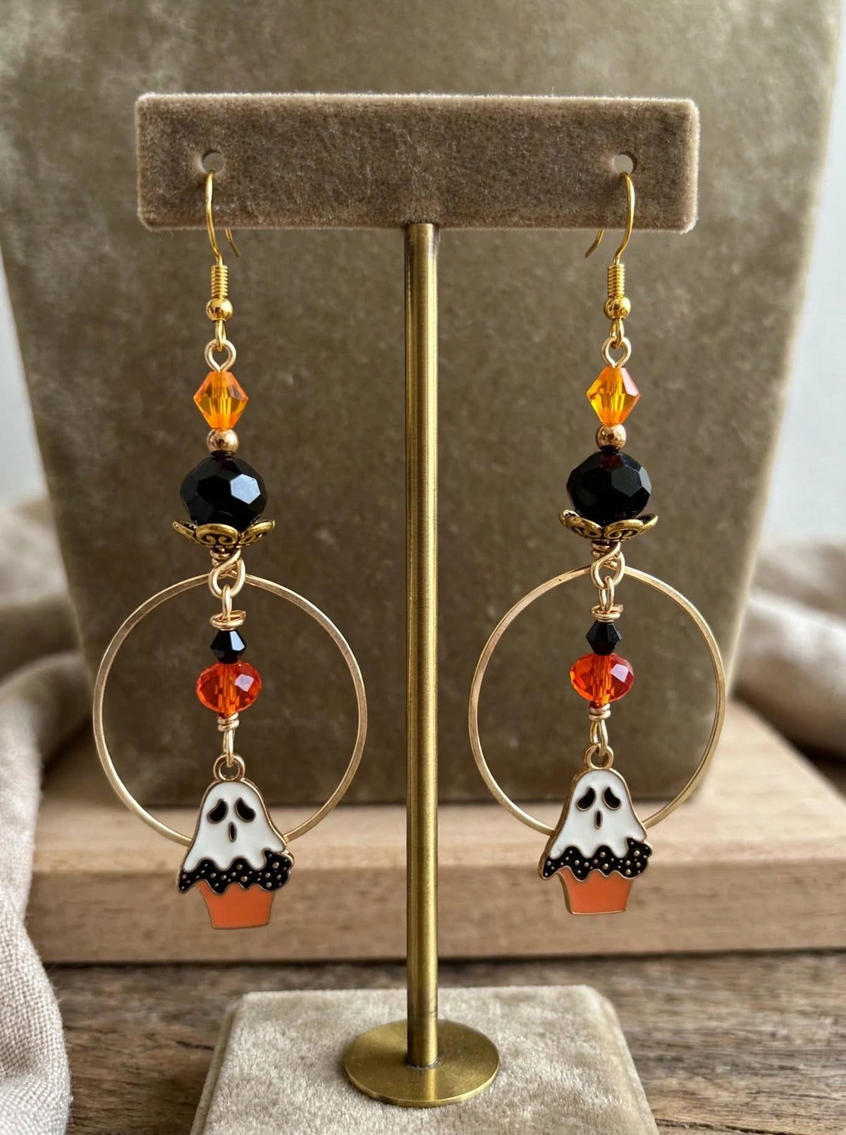 Ghost Cupcake Halloween, Earrings, Handmade Gold Hoop Dangle Earrings, Spooky Cute Ghost Earrings, Hypoallergenic- Fall Halloween Jewelry