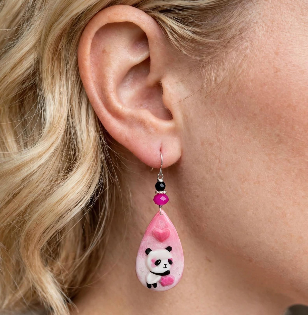 Handmade Panda Clay Resin Teardrop Earrings - Adorable Pink Heart and Leaf Design