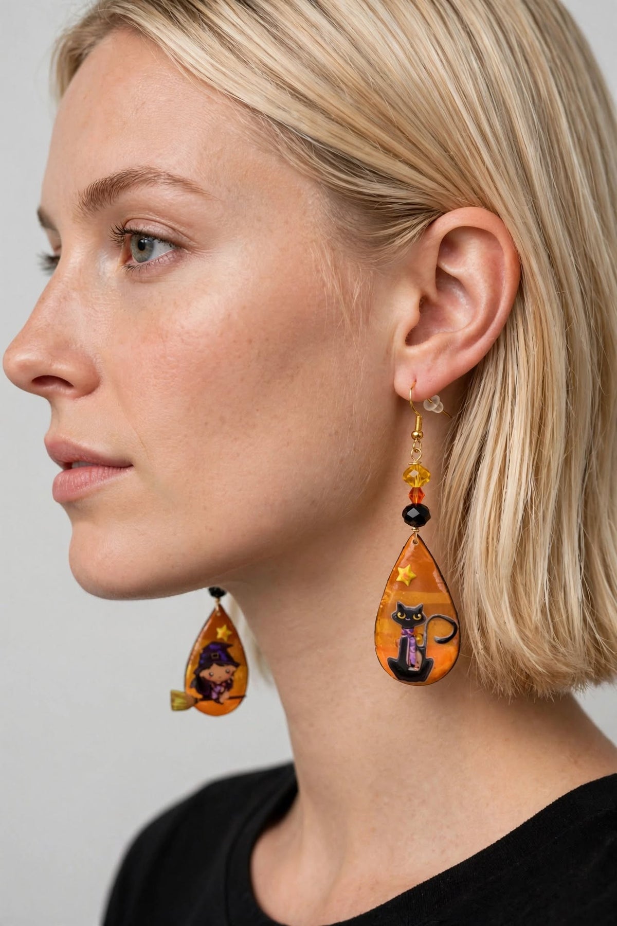 Dangle Clay Resin Teardrop Halloween Witch and Cat Earrings