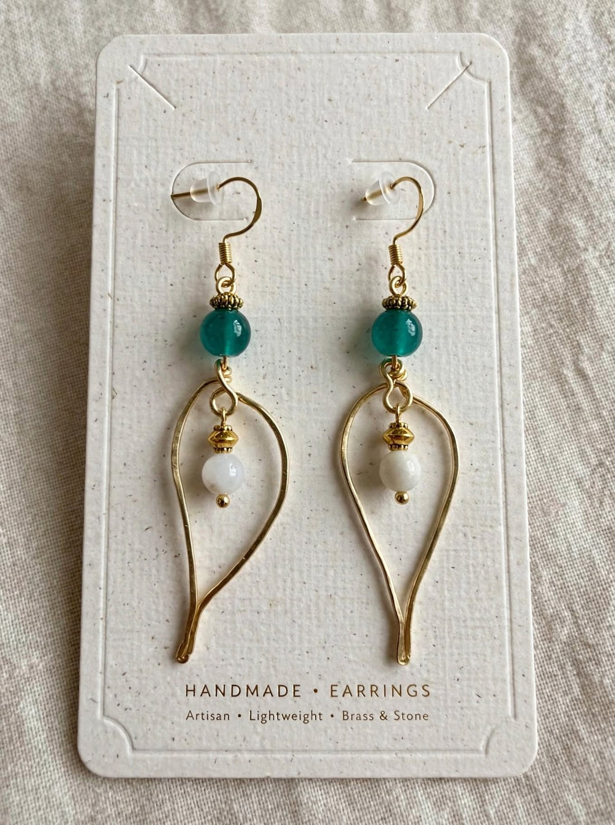 Emerald Green Jade Leaf Earrings - Gold Teardrop  Earrings - White Moonstone Dangle Earrings - Boho Gemstone Earrings - Gift for Her