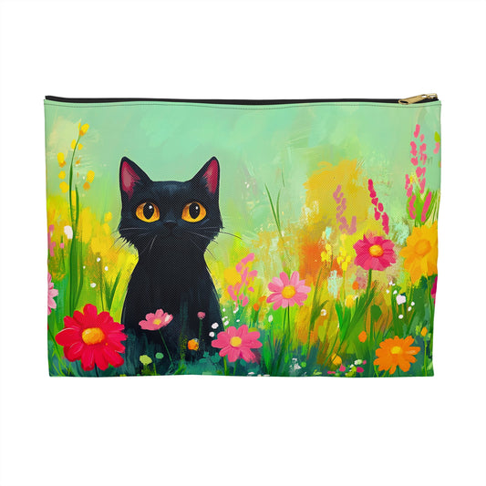 Painterly Black Cat in a Field of Flowers Accessory Pouch - Vibrant and Unique