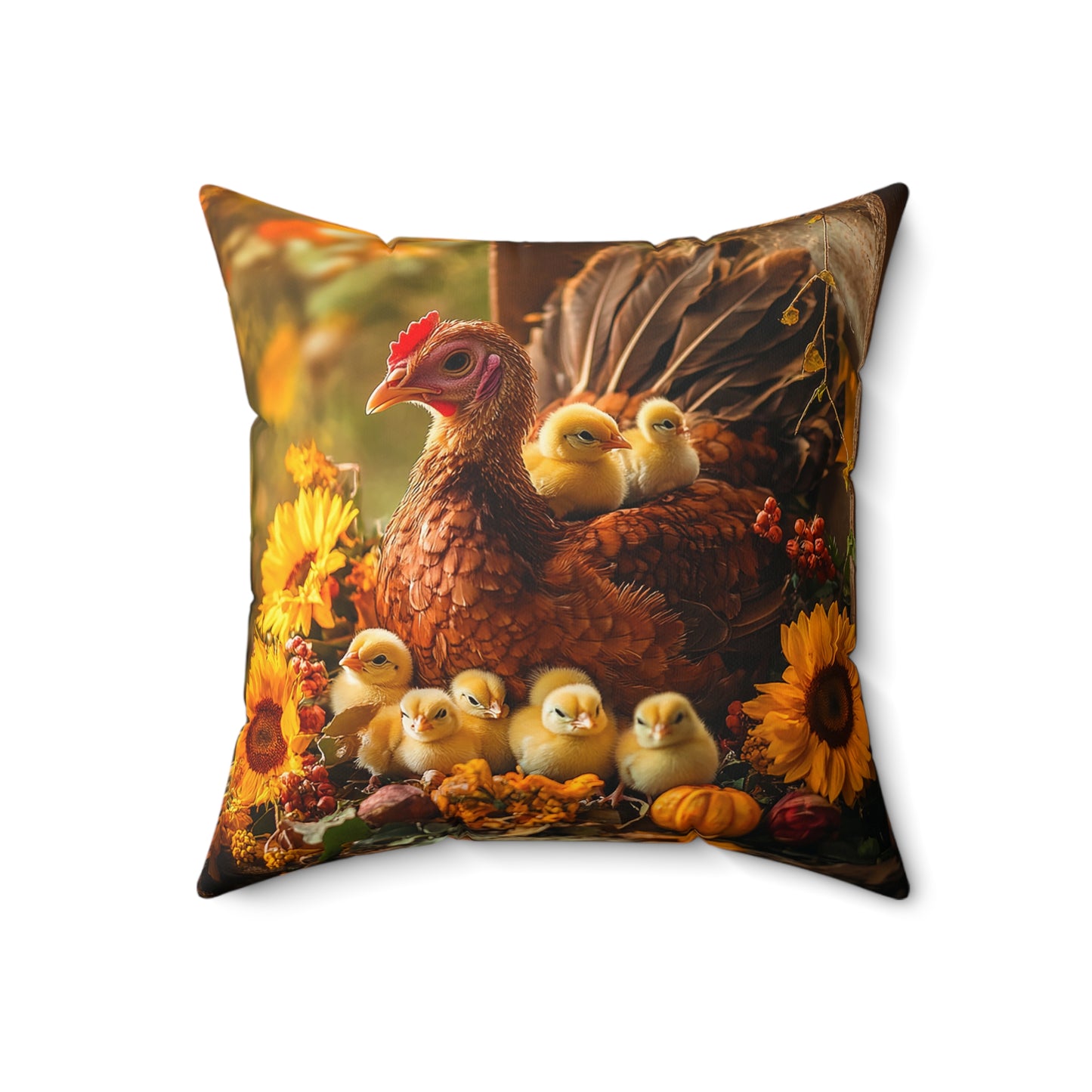 Charming Turkey With Chicks and Sunflowers Spun Polyester Square Pillow