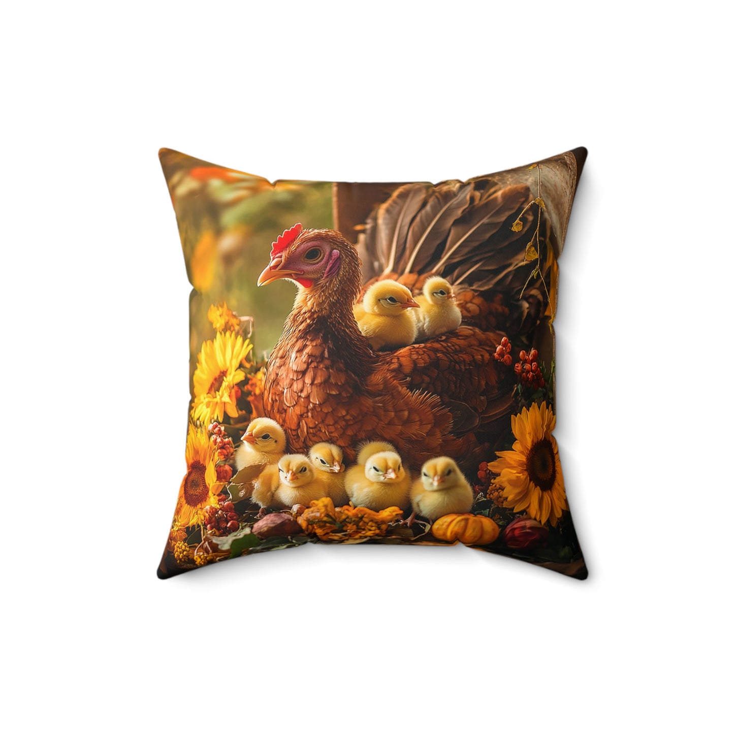 Charming Turkey With Chicks and Sunflowers Spun Polyester Square Pillow