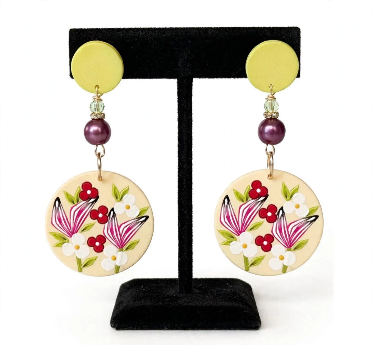 Rounded Floral Design Clay & Resin Earrings - Artisanal Dangle Jewelry