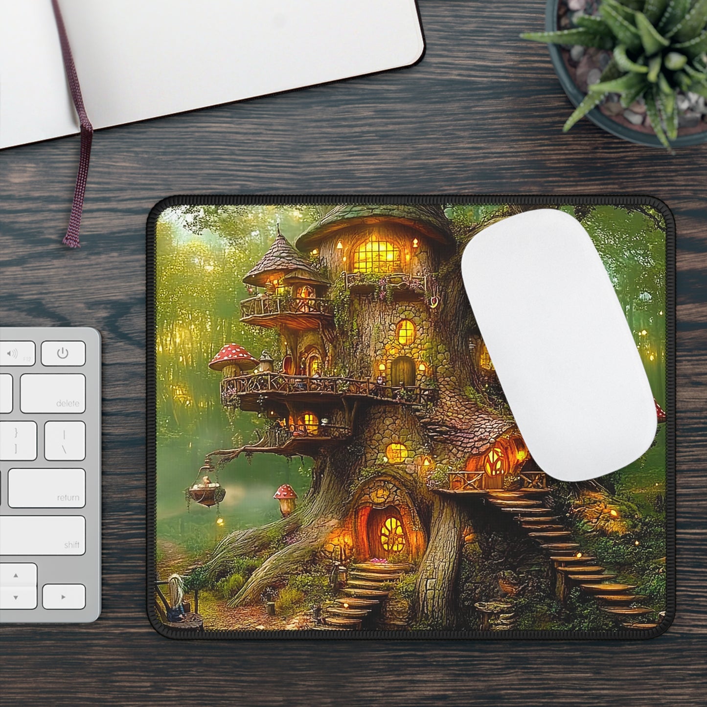 Fantasy Forest Gnome Village Treehouse Gaming Mouse Pad