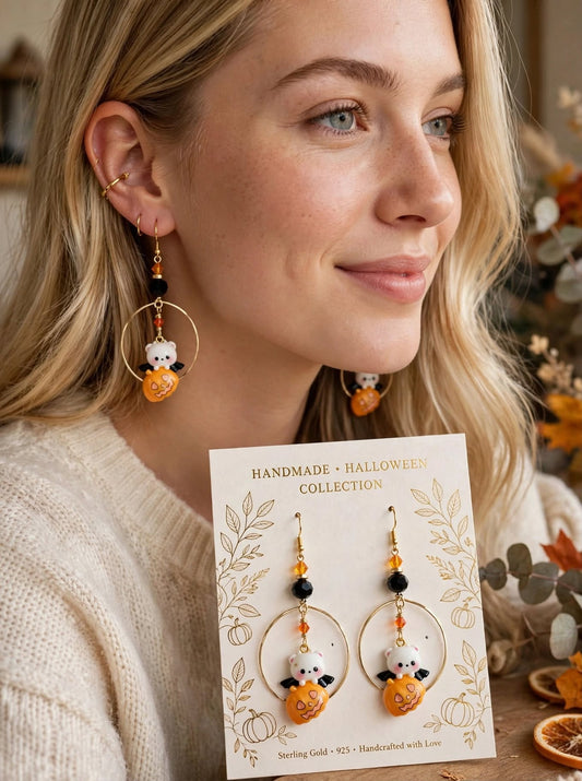 Handmade Halloween Earrings - Cute Pumpkin Bear Bat Earrings, Kawaii Halloween Gold Hoop Earrings, Sterling Gold Ear Wires, Spooky Dangle Earrings