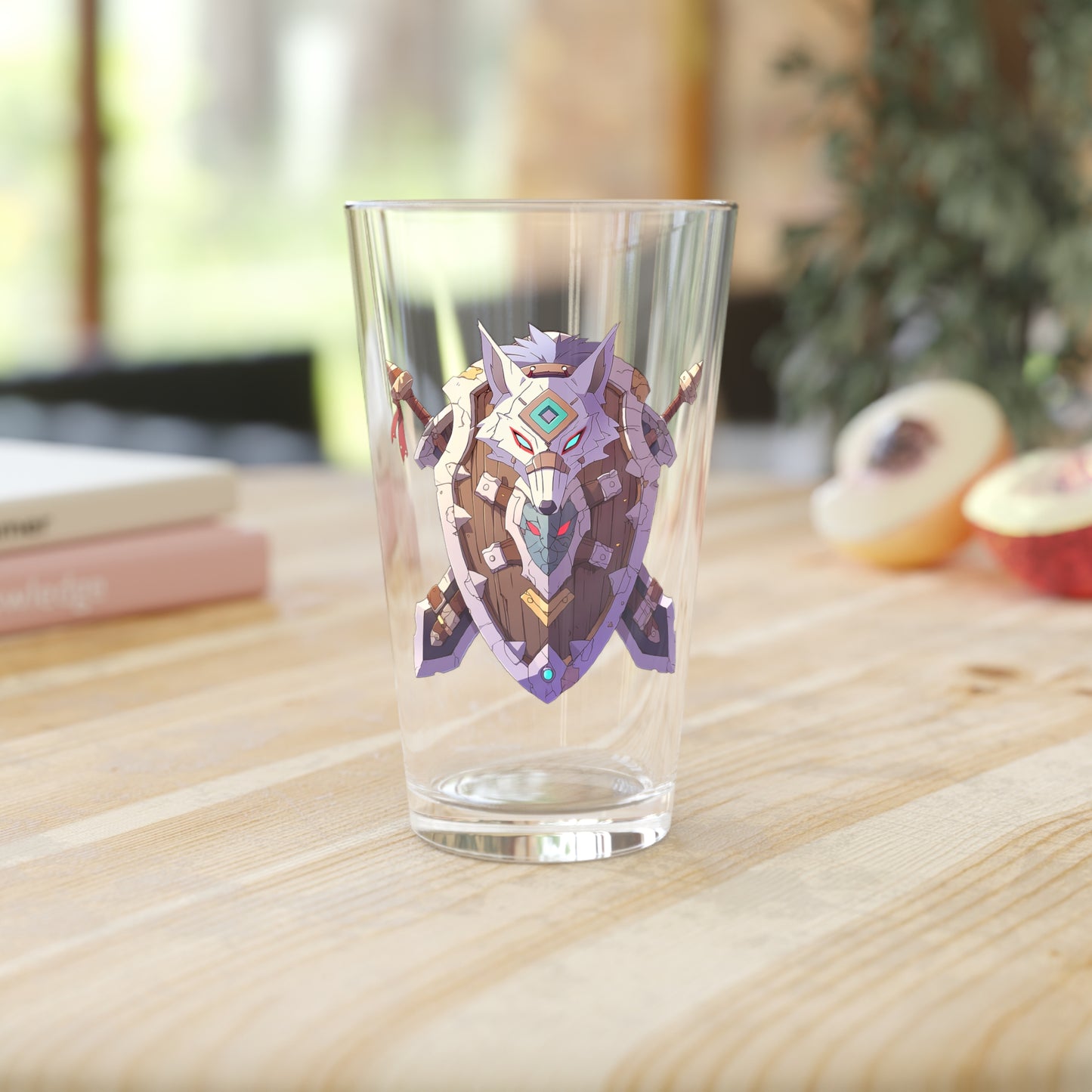 Anime Fantasy Wolf Shield Heraldry Pint Glass, 16oz