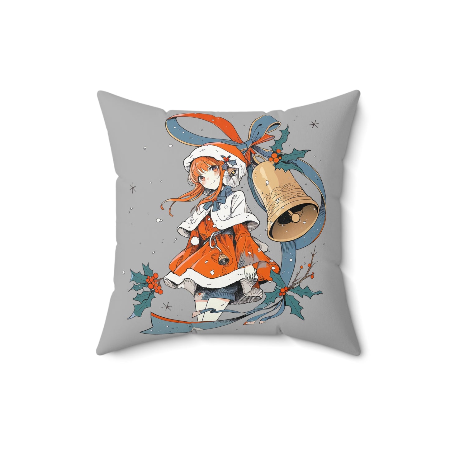Anime Christmas - Cute Holly Holiday Girl Design - Spun Polyester Square Pillow - Kawaii Winter Gift