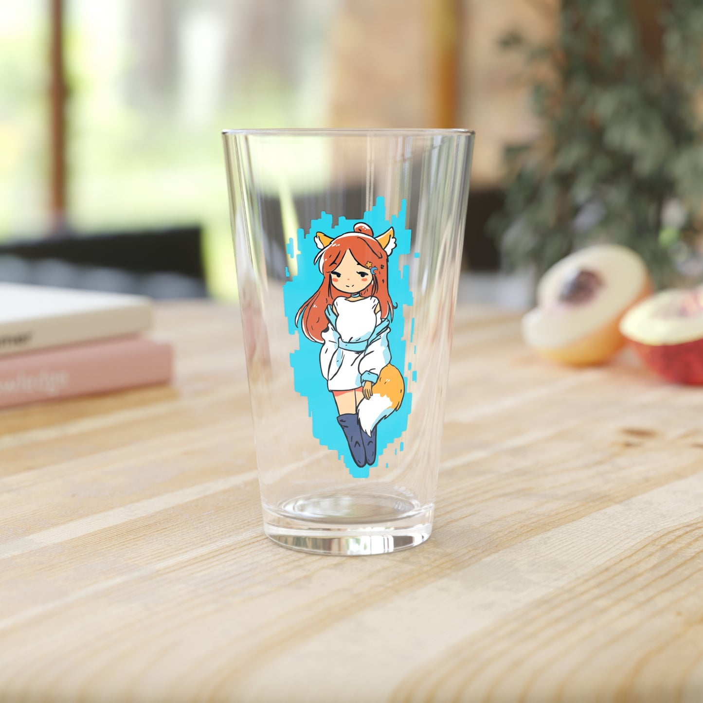 Charming Fox Girl - Cute & Sly Art on Light Blue Background - Anime Style - Pint Glass, 16oz