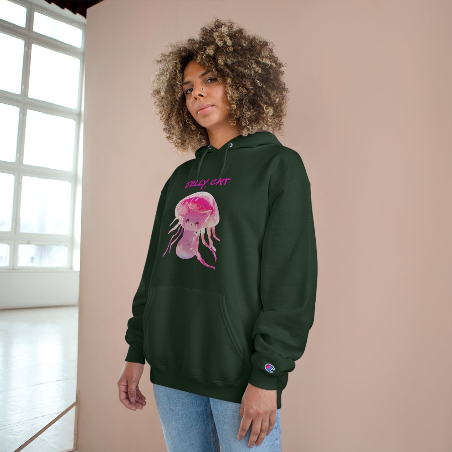 Cute Jellyfish Ghost Cat Hoodie - Pink Jellyfish Cat Design - Champion Pullover for Women & Men