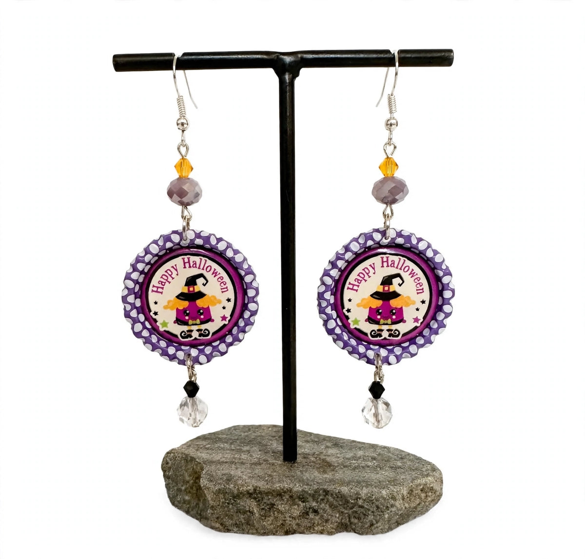 Happy Halloween Purple Witch Bottlecap Earrings - Festive Dangle Jewelry