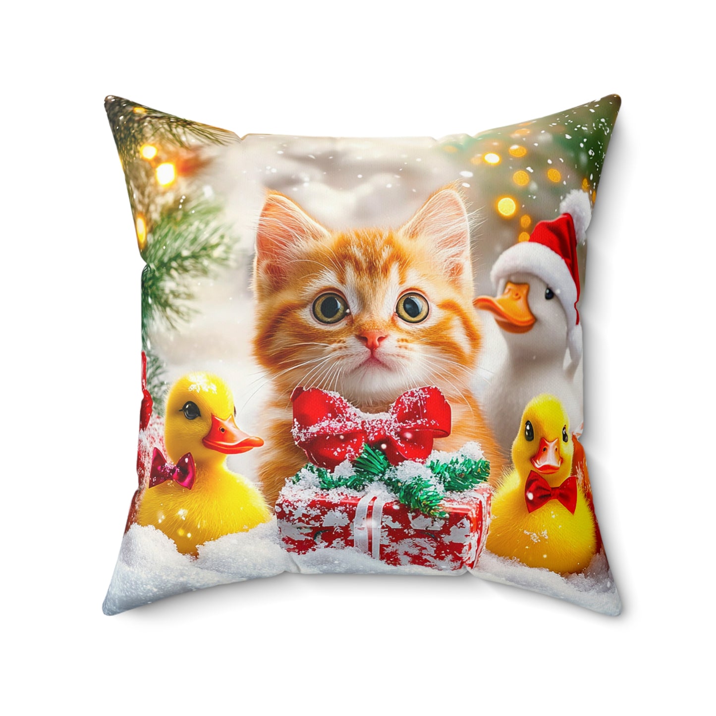 Christmas Cat with Ducks Spun Polyester Square Pillow