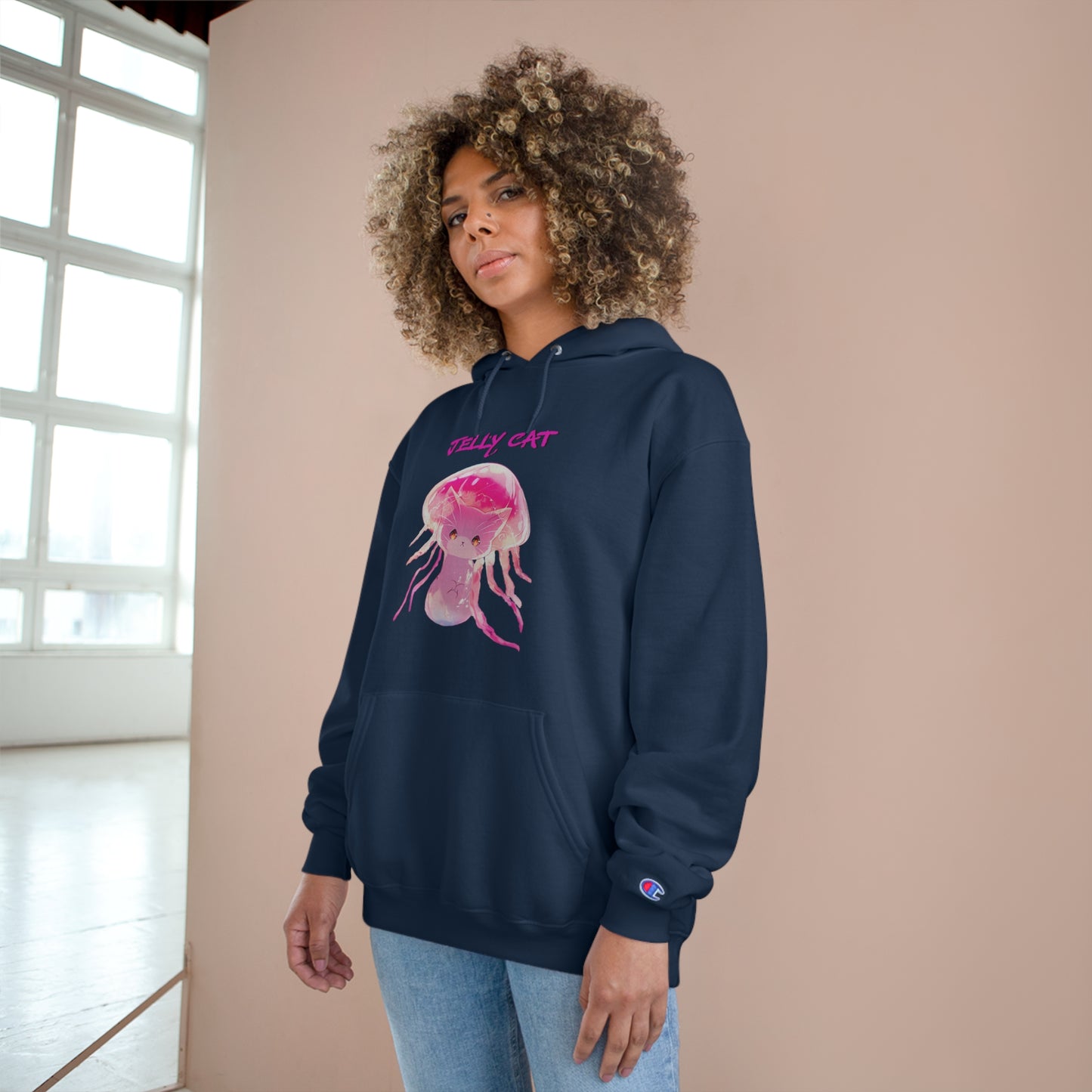 Cute Jellyfish Ghost Cat Hoodie - Pink Jellyfish Cat Design - Champion Pullover for Women & Men