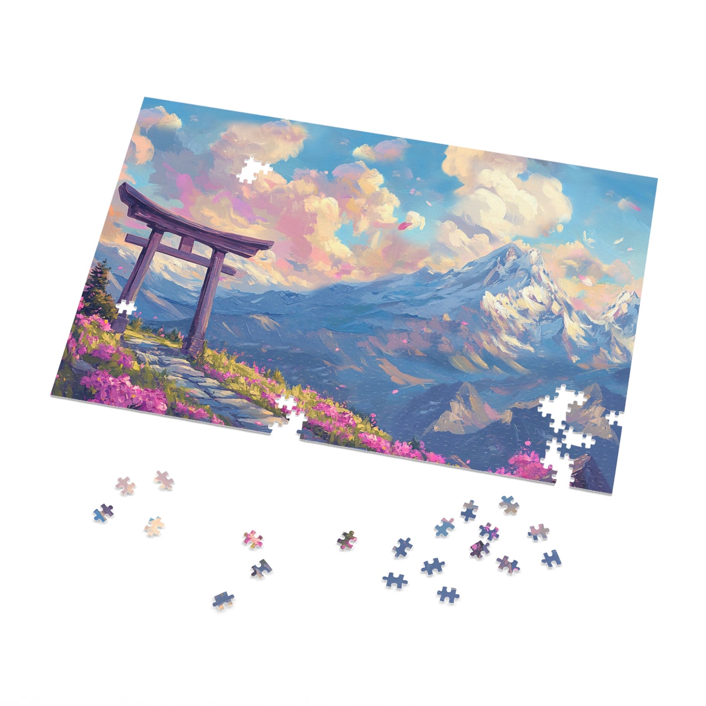 Serene Torii Gate Jigsaw Puzzle with Tin - Japanese Cherry Blossom Mountain Landscape