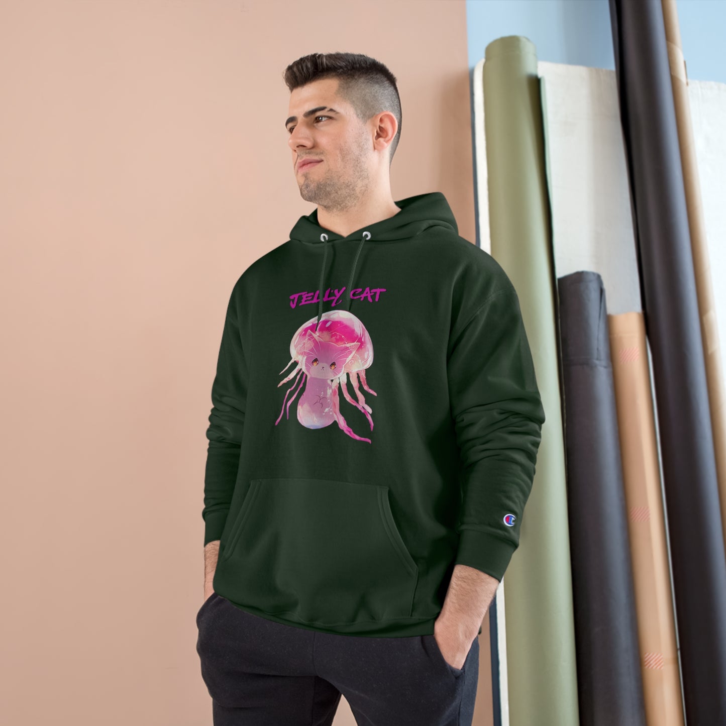 Cute Jellyfish Ghost Cat Hoodie - Pink Jellyfish Cat Design - Champion Pullover for Women & Men