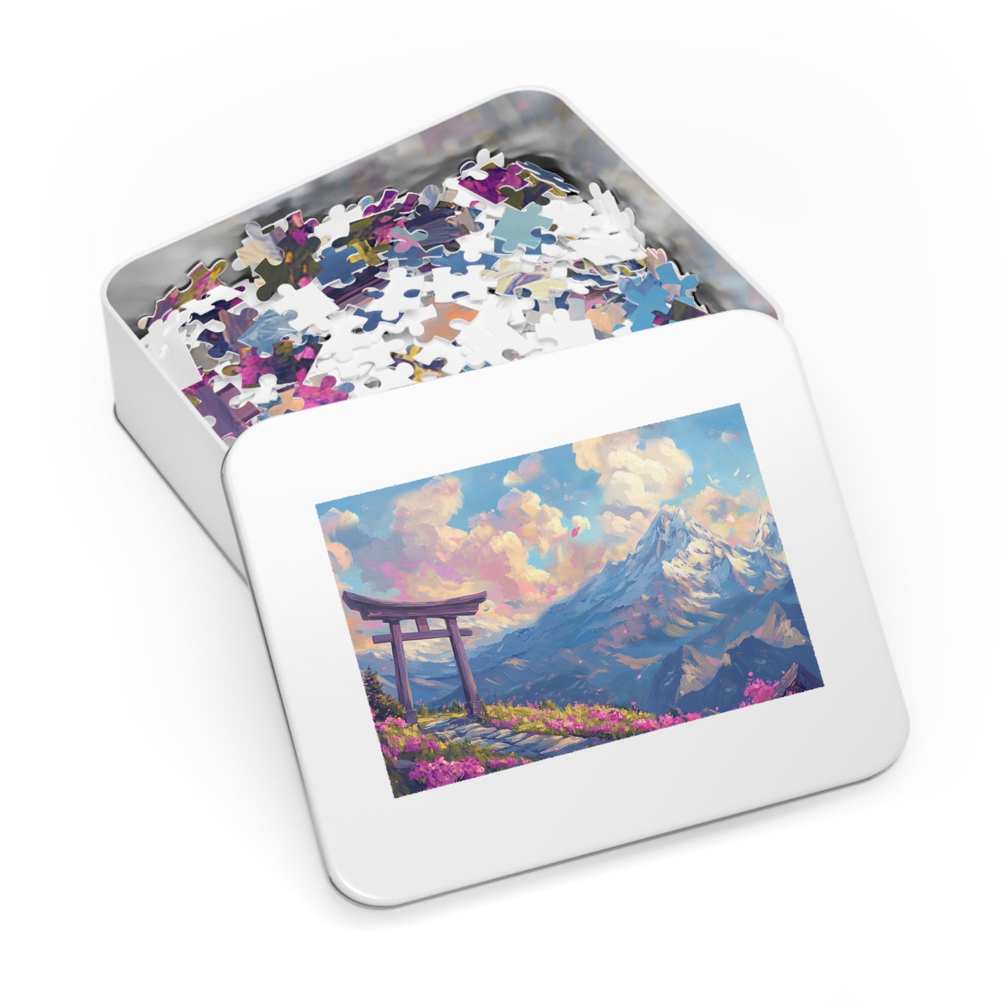 Serene Torii Gate Jigsaw Puzzle with Tin - Japanese Cherry Blossom Mountain Landscape