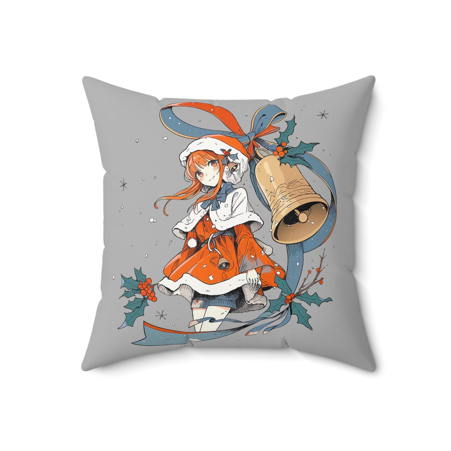 Anime Christmas - Cute Holly Holiday Girl Design - Spun Polyester Square Pillow - Kawaii Winter Gift