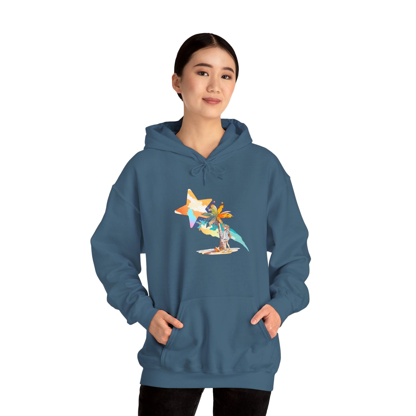 Anime Summer-Themed Unisex Heavy Blend™ Hooded Sweatshirt with Art of Girl & Coconut Tree under a Shooting Star - Warm Tropical Vibes